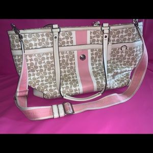 Coach Leather Diaper Bag Multifunction Tote Classic C Pattern Khaki & Pink